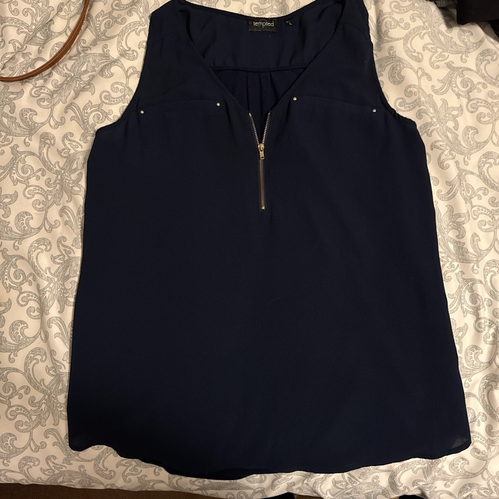 Tempted Navy Sleeveless Blouse with Zipper